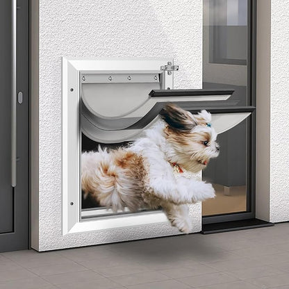 [Petoasis] 3-Flaps Heavy-Duty Dog Door for wall, Rust Proof Aluminum Alloy Frame, Extreme Weather Dog Door Can Block Wind, Snow, and Rainwater Intrusion (Silvery White, Large for Wall)