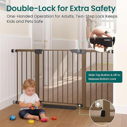 Cumbor 30-54" Extra Wide Baby Gate for Stairs, Dual Lock & Self-Closing Dog Gate Indoor, Easy Install Pet Gate for Doorways, Hallways & Kitchen, Easy Walk Thru Safety Proofing for Babies & Pets, Brown