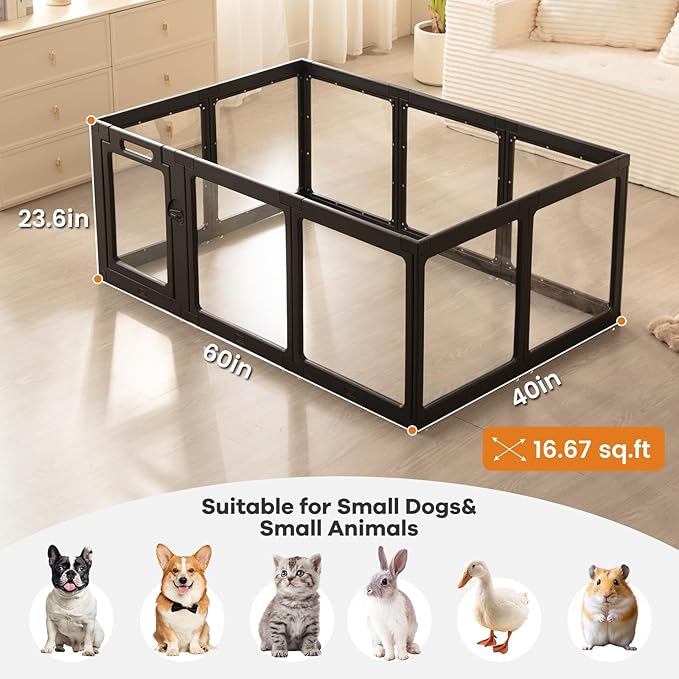 Clear Acrylic Dog Playpen Indoor, Puppy Cat Small Pet Play Pen, Pet Cat Playpen for Rabbits, Dog Fence Crate Kennel Whelping Cage (24", Black, 10 Panel)