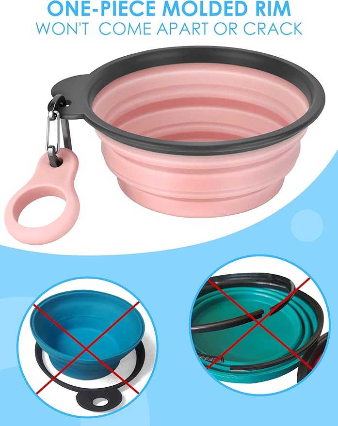 Aonkey Collapsible Dog Bowls with Bottle Carrier, 2 Pack Travel Dog Water Bowl Upgraded Carabiner, One-Piece Molded Rim No Fall Off or Crack 37oz, Blue & Pink