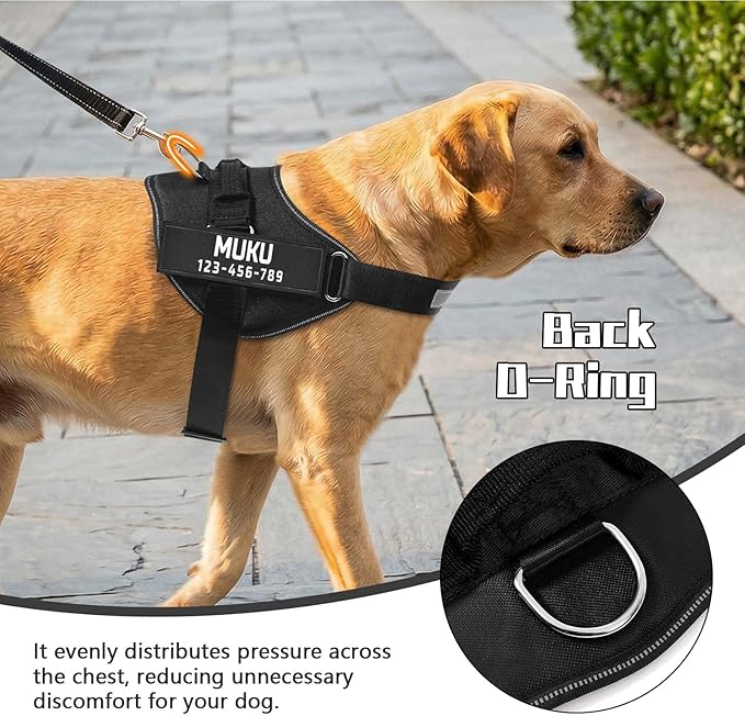 MUMUPET Custom Dog Harness Vest with 2 Personalized Name & Phone Patches, No Pull Reflective Adjustable with Handle, Soft Breathable Padding for Medium Dogs (Black, M)