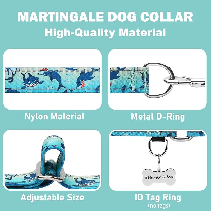 Reflective Martingale Collar for Dogs Nylon Training Collar with No Buckle, No Pull Boy Male Dog Collar for Small Dogs（Green Shark，S）