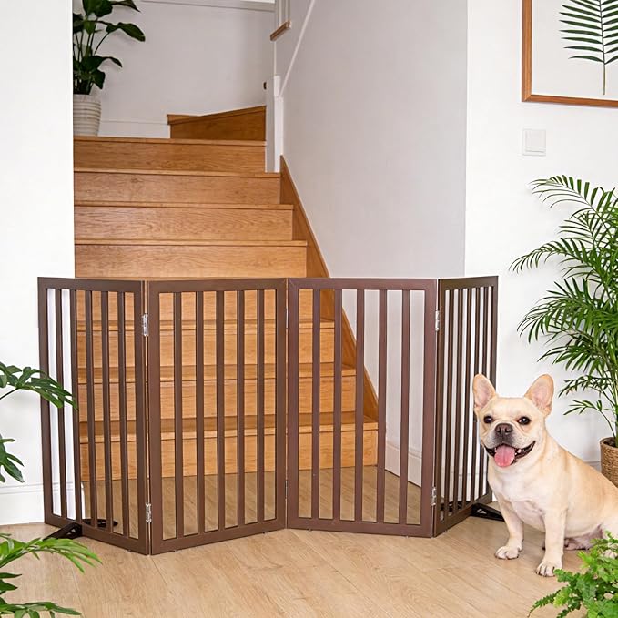 ZJSF Freestanding Indoor Dog Gate for House Foldable Wood Puppy Gate for Doorways Pet Gate for Stairs Extra Wide Pet Fence, Brown, 32" Height 4 Panels