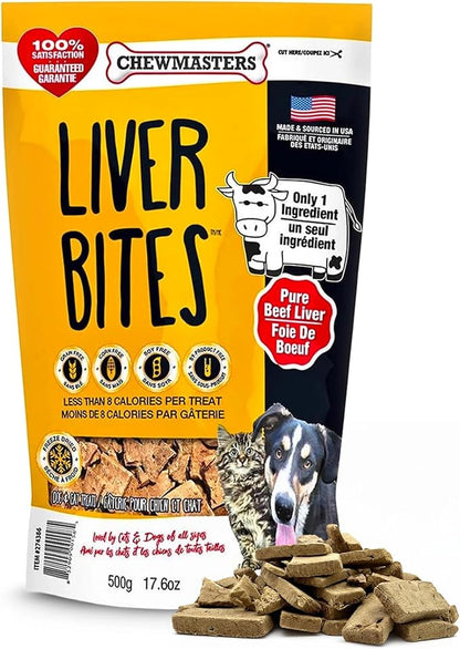 Chewmasters 100% Pure Beef Liver Bites - Healthy Freeze Dried Liver Treats for Dogs of All Life Stages - High Protein Dog Training Treats, Grain Free, All Natural, Zero Additives - Made in USA, 17.6oz