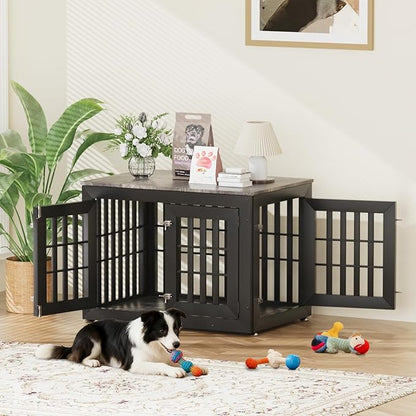 Snuowu 38" Heavy Duty Dog Crate Furniture for Small,Medium and Large Dogs,Rustic Wooden Dog Cage Kennel Indoor Furniture with Waterproof Top,Decorative Pet House Side End Table (Black & Grey)