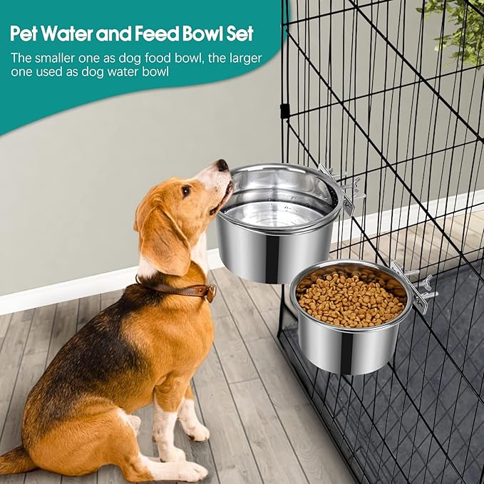 2 Pcs Large Dog Food Water Bowl for Cage with Upgraded Clamp Holder, Pet Kennel Hanging Bowls Stainless Steel Detectable Bowls Crate Feeder Dish for Large Dogs (7.1x3.7'' & 5.1x2.7'')