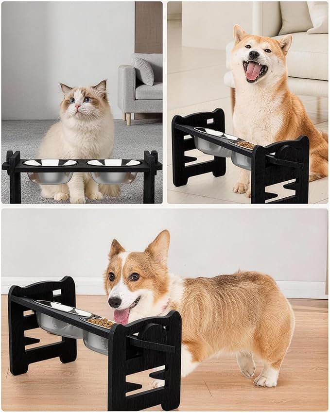 Jovrun Elevated Dog Bowls, Adjustable Raised Dog Bowl Stand for Small Size Dogs and Cats, 15°Tilted Elevated Cat Bowls, Durable Bamboo Dogs Feeder with 2 Stainless Steel Bowls and Non-Slip Feet