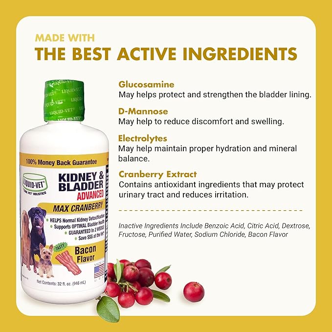 Premium Easy to Dose Liquid for All Dogs with Cranberry & D-Mannose: Comprehensive Dog Formula for Kidney & Bladder Support