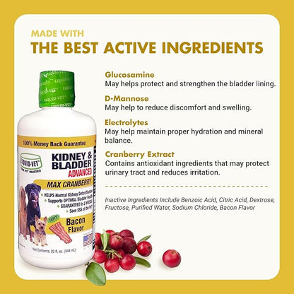 Premium Easy to Dose Liquid for All Dogs with Cranberry & D-Mannose: Comprehensive Dog Formula for Kidney & Bladder Support