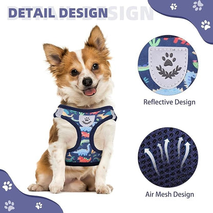 KOOLTAIL Dog Harness and Leash Set for Small Medium Dogs, Step in No Pull Soft Mesh Dog Harness Comfort Padded Pet Vest, Adjustable Reflective Easy Walking Puppy Cats Harness Training, Dinosaur S