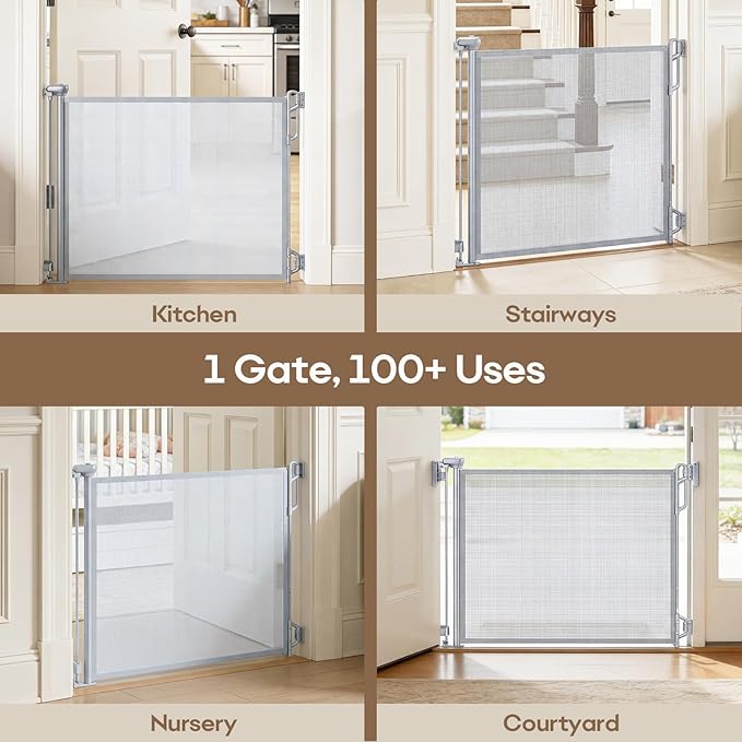 SPACEANY Retractable Safety Baby Gate or Mesh Dog Gate,Durable Portable Mesh Retractable Gate,Easy to Use for Stairs, Doorways, Hallways, Indoor, Outdoor, 33.5" Tall, Up to 45" Wide, Gray