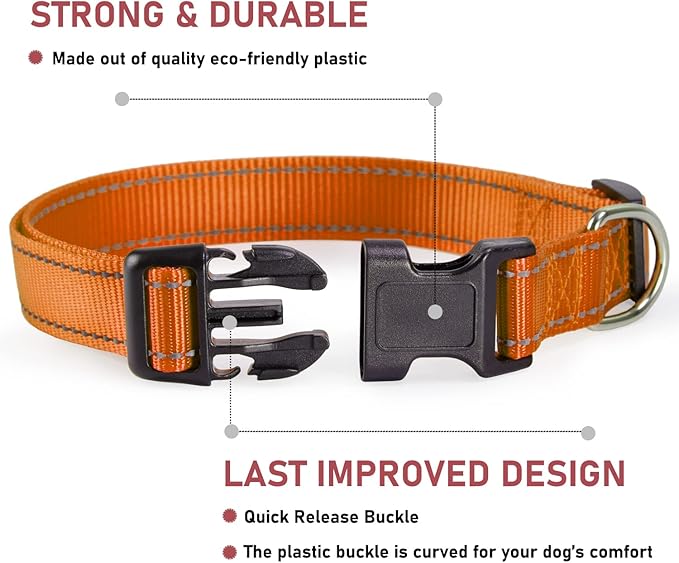 Reflective Dog Collar with Buckle Adjustable Safety Nylon Collars for Small Medium Large Dogs, Orange S