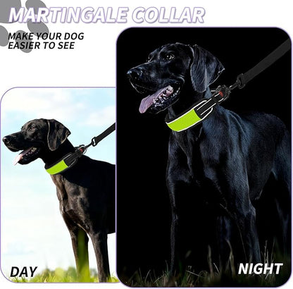 Martingale No Pull Dog Collar for Large Medium Dogs Training Walking, Heavy Duty Nylon Reflective Adjustable Anti Pull Slip Collar with Buckle L Green