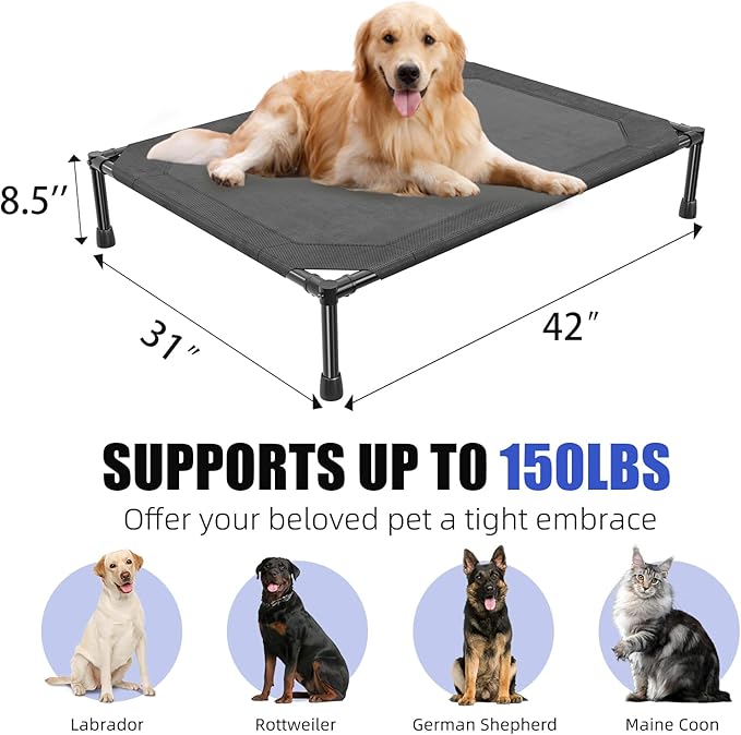 Simple Trending Elevated Dog Bed for Large Dogs, Waterproof Raised Dog Cot with Washable Mesh, Cooling Breathable Pet Bed for Outdoor, 42" x 31", Black