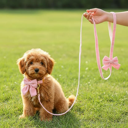 2pcs Dog Collar and Leash Set with Bowtie Cute Small Dog Collar Harness Leash Set Adjustable Breathable Soft Padded for Small Medium Puppy Dogs Metal Buckle Pink S