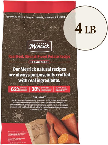 Merrick Premium Grain Free Dry Adult Dog Food, Wholesome And Natural Kibble With Beef, Bison And Sweet Potato - 4.0 lb. Bag
