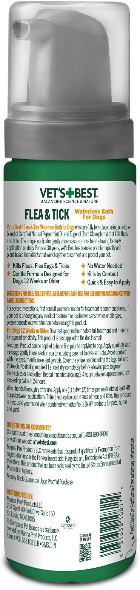 Vet's Best Natural Flea and Tick Waterless Bath for Dogs – No-Rinse Dry Foam Shampoo with Certified Essential Oils – Natural Flea Treatment with Plant-Based Ingredients – 8 oz Bottle – Made in USA