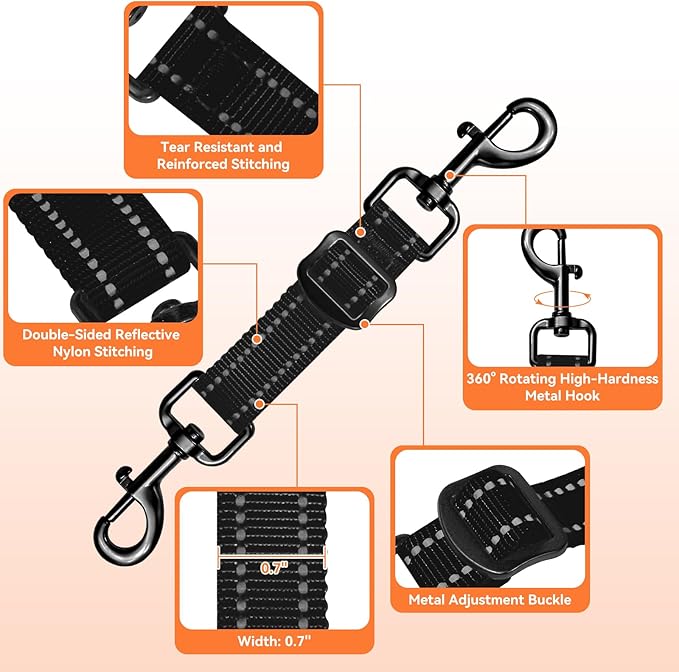 Dog Collar Safety Clip, Reflective Double-Ended Backup Connector for Harness to Collar, Adjustable Safety Clip for Prong, Pinch Collars, Prevents Escapes & Accidental Disconnection