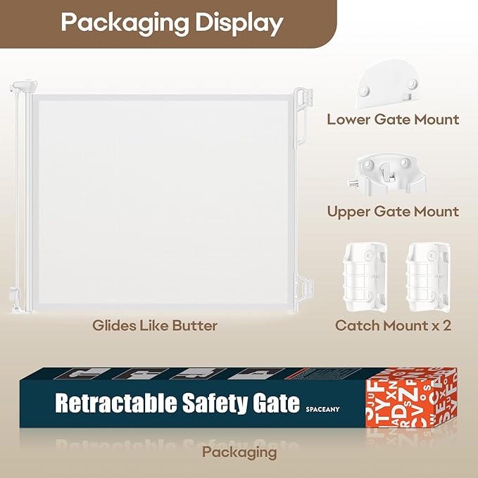 Spaceany Retractable Safety Baby Gate or Mesh Dog Gate,Durable Portable Mesh Retractable Gate,Easy to Use for Stairs, Doorways, Hallways, Indoor, Outdoor, 33.5" Tall, Extends to 55" Wide,White