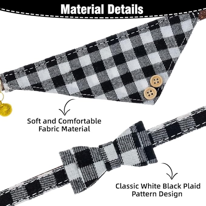 EXPAWLORER Dog Collar and Leash Set - Classic Plaid Dog Bow Tie and Dog Bandana Collar with Bell, Dog Leash Tangle Free, Adjustable Collars for Small Medium Large Dogs Cats, Holiday Ideal Gift