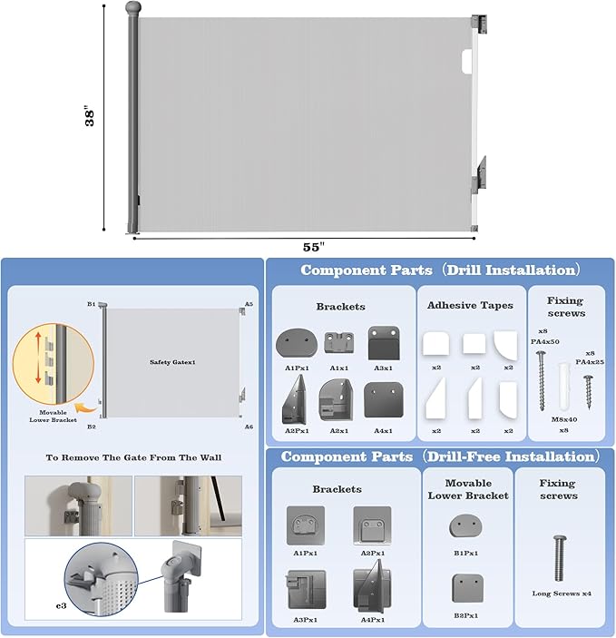 Retractable Baby Gate for Stairs Doorways - Extra Wide 55" No-Drill Pressure Mount OR Screw Mount, Space Saving Mesh Gate with No Bottom Bar Trip Hazard, for Indoor Outdoor Use with Kids, Dogs & Cats