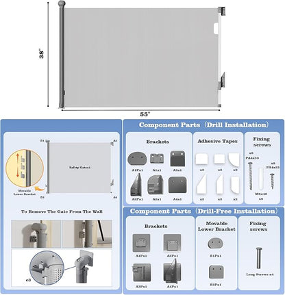 Retractable Baby Gate for Stairs Doorways - Extra Wide 55" No-Drill Pressure Mount OR Screw Mount, Space Saving Mesh Gate with No Bottom Bar Trip Hazard, for Indoor Outdoor Use with Kids, Dogs & Cats