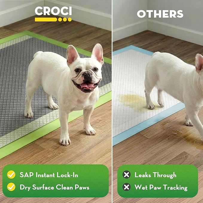 CROCI Pee Pads for Dogs, 22"x22" Small Puppy Pads 100 Counts, 2X Odor-Control with Charcoal & Bamboo Material, 4-Corner Adhesive Tabs, Super Absorbent & Leak-Proof