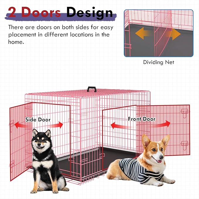 PayLessHere Large Dog Crate Kennel for Medium Large Dogs 30 inches Metal Dog Cage Double-Door Folding Travel Indoor Outdoor Puppy Playpen with Divider and Handle Plastic Tray,Pink