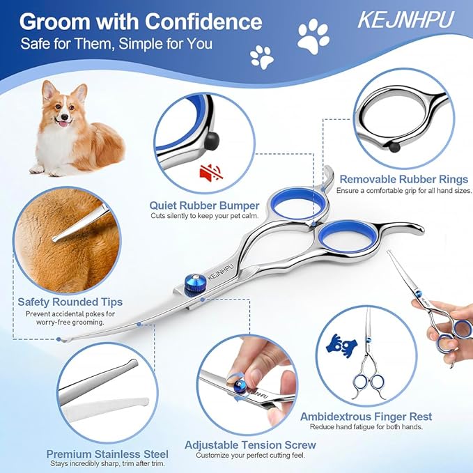 Professional Dog Grooming Kit 6.8 Inches, Curved Dog Grooming Scissors with Safety Round Tips, Dog Scissors for Grooming for Face, Paws & Ears at Home - Right & Left Handed