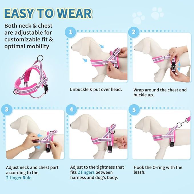 Lukovee No Pull Dog Harness and Leash Set, Soft Padded Small Dog Harness, Neck & Chest Adjustable Reflective Vest Puppy Harness with 4ft Lightweight Anti-Twist Dog Leash for Small Dogs (XXS, Fuschia)