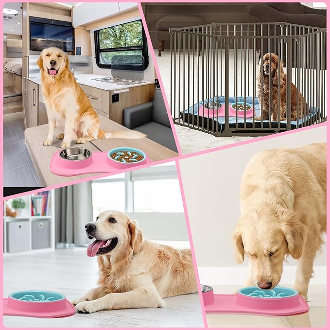 Anipaw Slow Feeder Dog Bowls 3 in 1 Stainless Steel Dog Food and Water Bowls with Non-Spill Non-Skid Silicone Mat to Slow Down Eating for Large Medium Small Breed Size Dogs and Cats (Pink Blue)