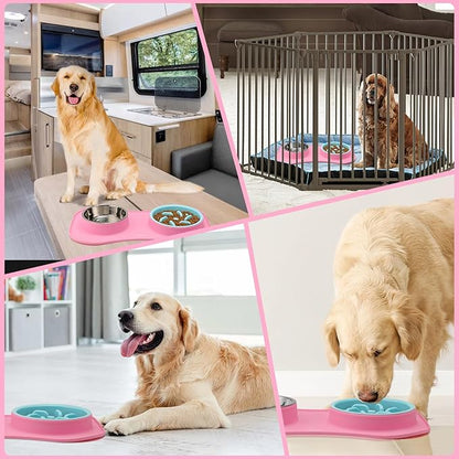 Anipaw Slow Feeder Dog Bowls 3 in 1 Stainless Steel Dog Food and Water Bowls with Non-Spill Non-Skid Silicone Mat to Slow Down Eating for Large Medium Small Breed Size Dogs and Cats (Pink Blue)