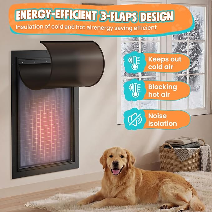 3-Flap XL Dog Door for Wall, All Aluminum Extra Large Doggy Door for Wall, Heavy Duty Pet Door with Lock, Energy Efficient, Telescoping Tunnel for Interior & Exterior Wall, Pet Up to 220LB