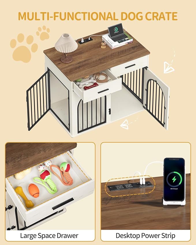 Hzuaneri 43.3'' Large Dog Crate Furniture with 2 Storage Drawers, Heavy Duty Dog Kennel Indoor with Charging Station, Wooden Dog Cage End Table Kennel for Medium/Large Dogs, White Brown DFC88214B