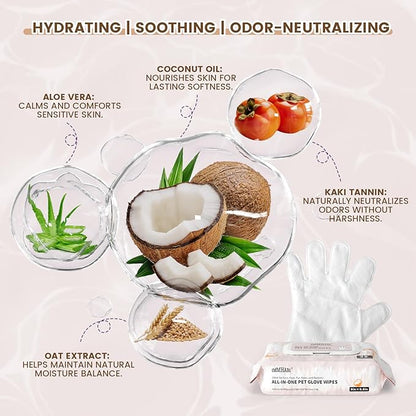IMMHABI 100 Pcs Cleaning Deodorizing Pet Glove Wipes for Dogs & Cats, Hypoallergenic Dog Bath Wipes with Natural Deodorizer Persimmon Tannin, Pet Bathing Wipes for Horse Coat Care Coconut Scent