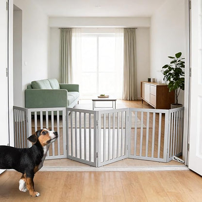 ZJSF Freestanding Indoor Dog Gate for House Foldable Wood Puppy Gate for Doorways Pet Gate for Stairs Extra Wide Pet Fence, Grey, 24" Height 6 Panels
