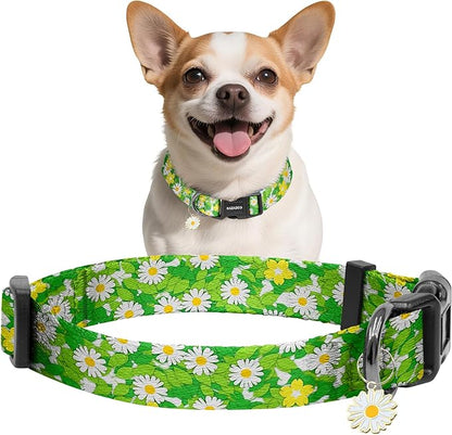 Kazazoo Dog Collar Cute and Soft Nylon Puppy Collar for Boy and Girl, Adjustable Dog Collars for Small Medium Dogs, Green Daisy-XS