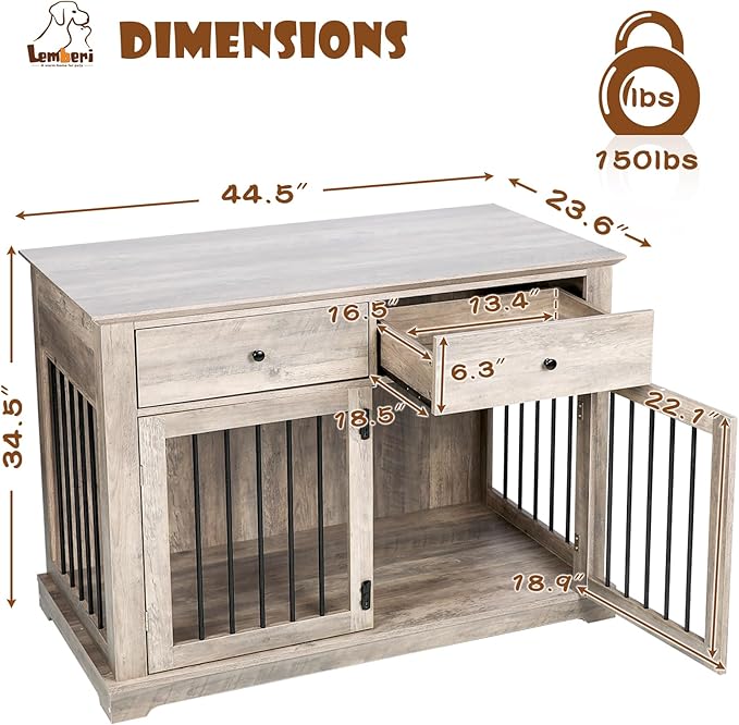 LEMBERI 44 Inch Large Dog Crate Furniture with 2 Storage Drawers, Wooden Dog Kennel Furniture as End Table, Decorative Pet Cage Dog House Indoor for Dogs