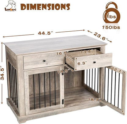LEMBERI 44 Inch Large Dog Crate Furniture with 2 Storage Drawers, Wooden Dog Kennel Furniture as End Table, Decorative Pet Cage Dog House Indoor for Dogs