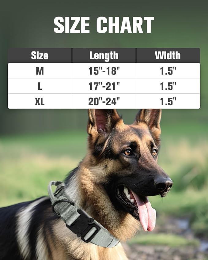 Joytale Tactical Dog Collar with Handle and Metal Buckle, Heavy Duty Padded Military Collar with 2 Patches for Training, Adjustable for Large Dogs, Gray, L