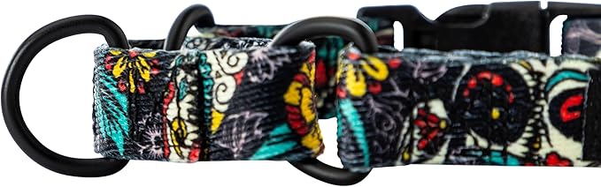 Wolfgang Heavy Duty Martingale Dog Collar with Quick Release Nylon Buckle for Walking & Training, LosMuertos Print, Large