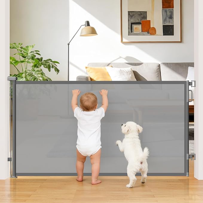 42" Extra Tall Retractable Baby Gates for Stairs, 76" Wide Dog Gate Indoor Outdoor for Doorways Deck Kitchen, Long Mesh Safety Gate for Child Toddler, Prevent Pet from Jumping Over, Grey