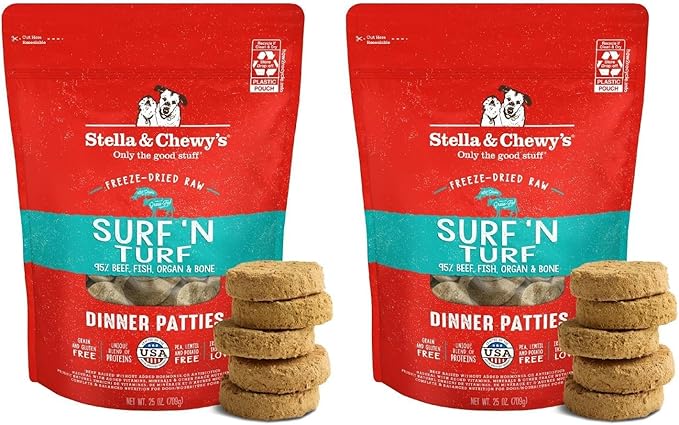 Stella & Chewy's Freeze-Dried Raw Dinner Patties - Surf 'N Turf Salmon & Beef Recipe - High Protein Grain-Free Puppy-& Dog Food - Perfect for Picky Eaters - 25 oz,(Pack of 2)