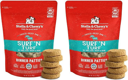 Stella & Chewy's Freeze-Dried Raw Dinner Patties - Surf 'N Turf Salmon & Beef Recipe - High Protein Grain-Free Puppy-& Dog Food - Perfect for Picky Eaters - 25 oz,(Pack of 2)