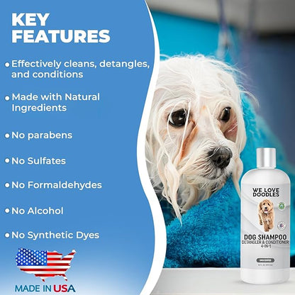 Dog Shampoo, Conditioner & Detangler - Best Shampoo for Goldendoodles, Poodles & Doodles Pet Hair - Hypoallergenic, Tearless, Sensitive Skin for Puppies & All Dog Breeds - Made in USA,16OZ (Unscented)