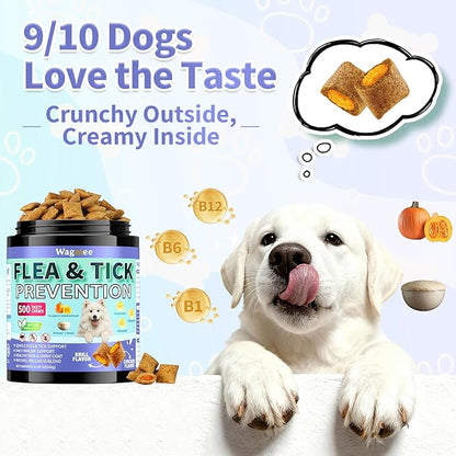 Flea and Tick Prevention for Dogs Chewables – 500 Crunchy & Creamy Tasty Chews, Natural Dog Flea and Tick Treatment Chewable, Oral Flea Chews Supplement for Dogs Puppies, All Breeds & Ages, Chicken