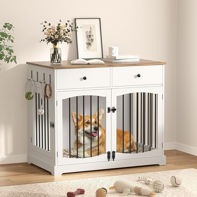 40" Dog Crate Furniture, Wooden Dog Kennel Furniture with Storage Drawers, End Table Dog House Indoor, Decorative Dog Crates for Small Medium Large Dog, White