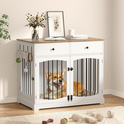 40" Dog Crate Furniture, Wooden Dog Kennel Furniture with Storage Drawers, End Table Dog House Indoor, Decorative Dog Crates for Small Medium Large Dog, White