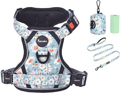 Petmolico No Pull Dog Harness Set with Leash Attachment Easy Control Handle Reflective Harness Vest Small Breed, Puppy Vest and Leash Set with Poop Bag Holder, Medium - Daisy
