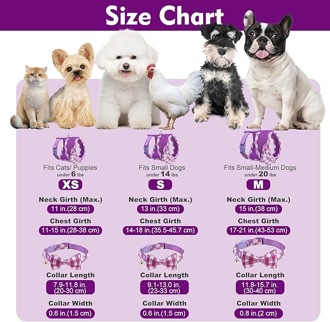 EXPAWLORER Cute Dog Harness Collar Leash Set - Purple Girl Dog Harness Checkered Step-in Design, Detachable Bow Pet Collar, Adjustable No-Choke Lightweight Mesh Vest for Cats Puppy Small Dogs, XS